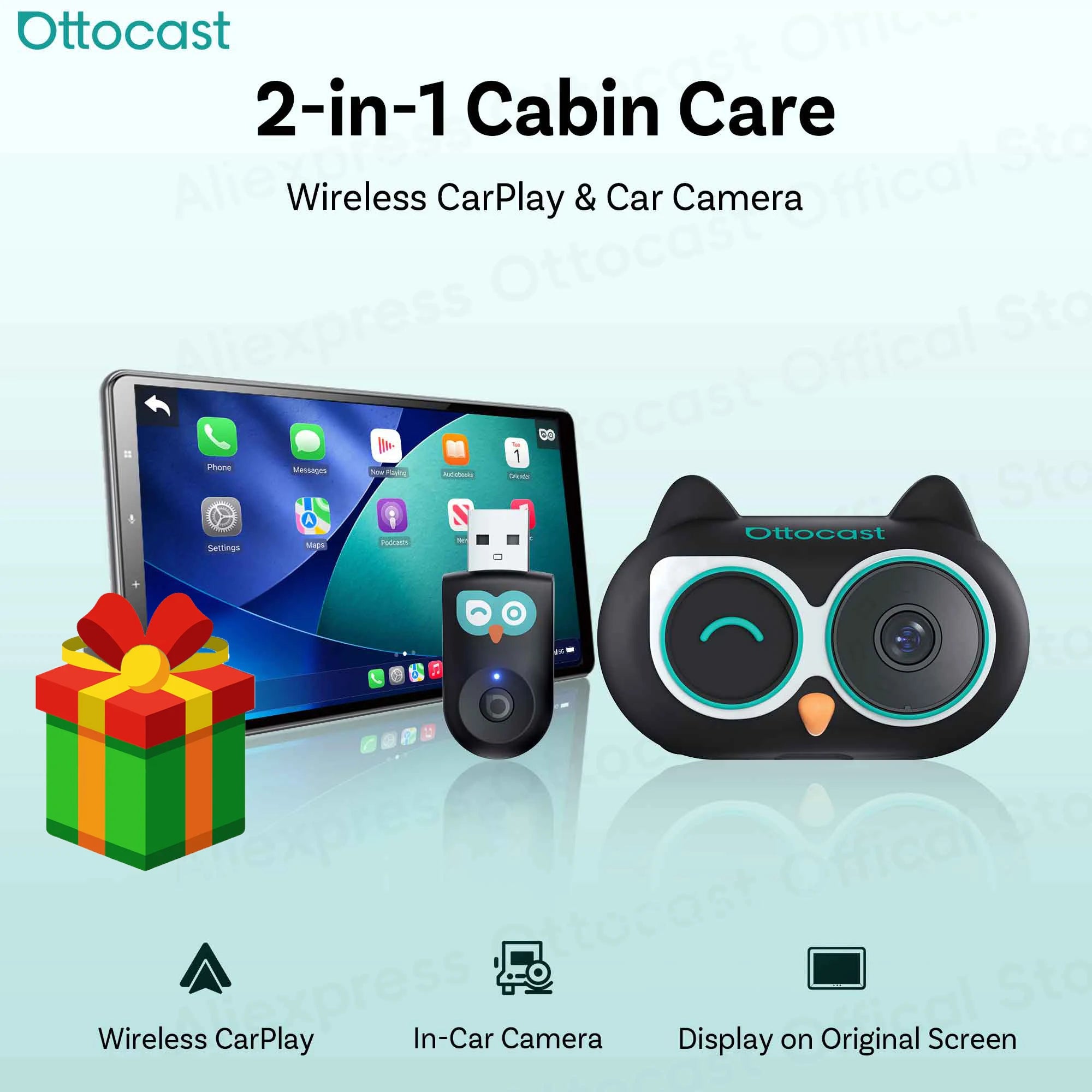 Ottocast 2 in 1 Cabin Care Wireless CarPlay Adapter Camera for Pet Baby Kid for iPhone Car Accessories New Year Gift for Family
