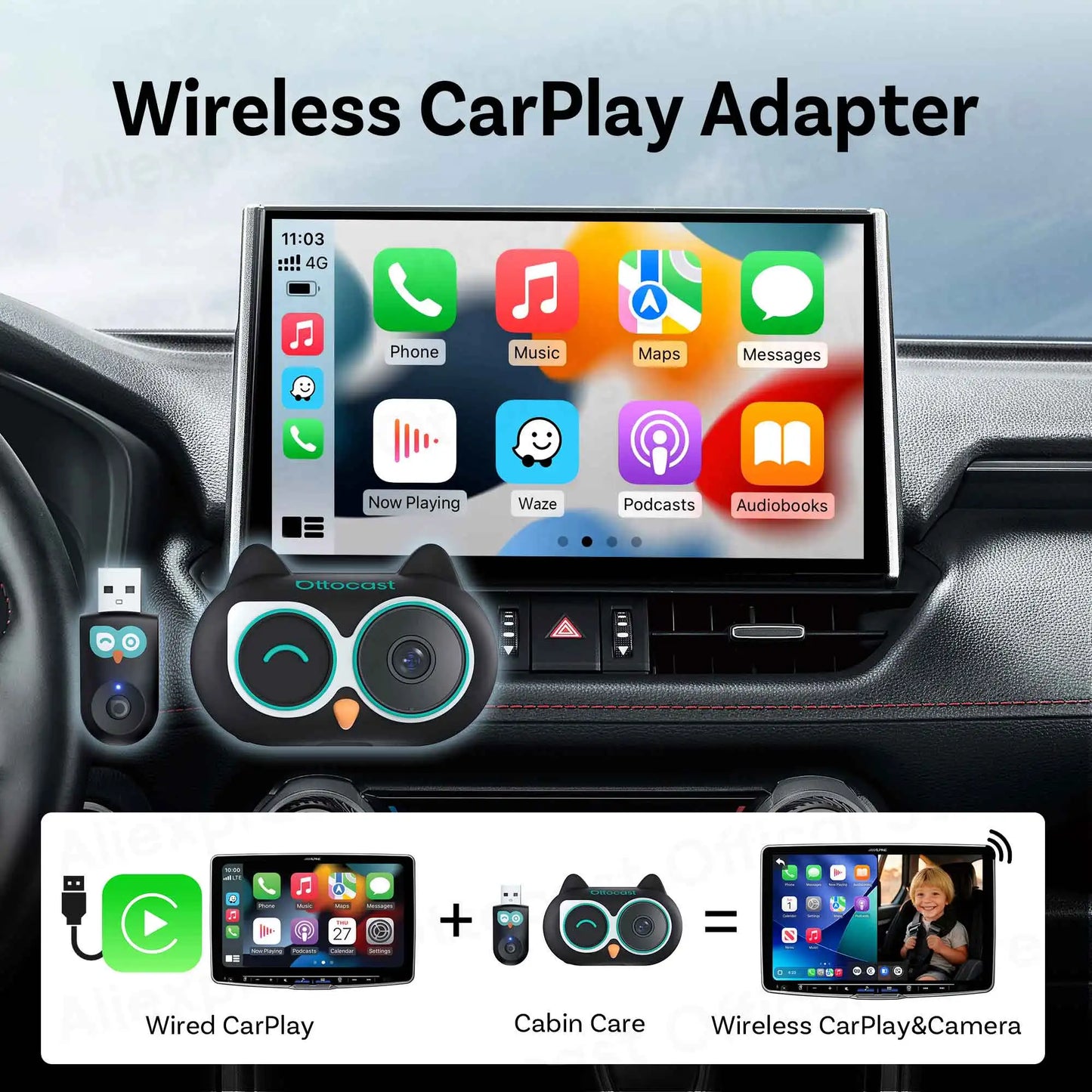 Ottocast 2 in 1 Cabin Care Wireless CarPlay Adapter Camera for Pet Baby Kid for iPhone Car Accessories New Year Gift for Family