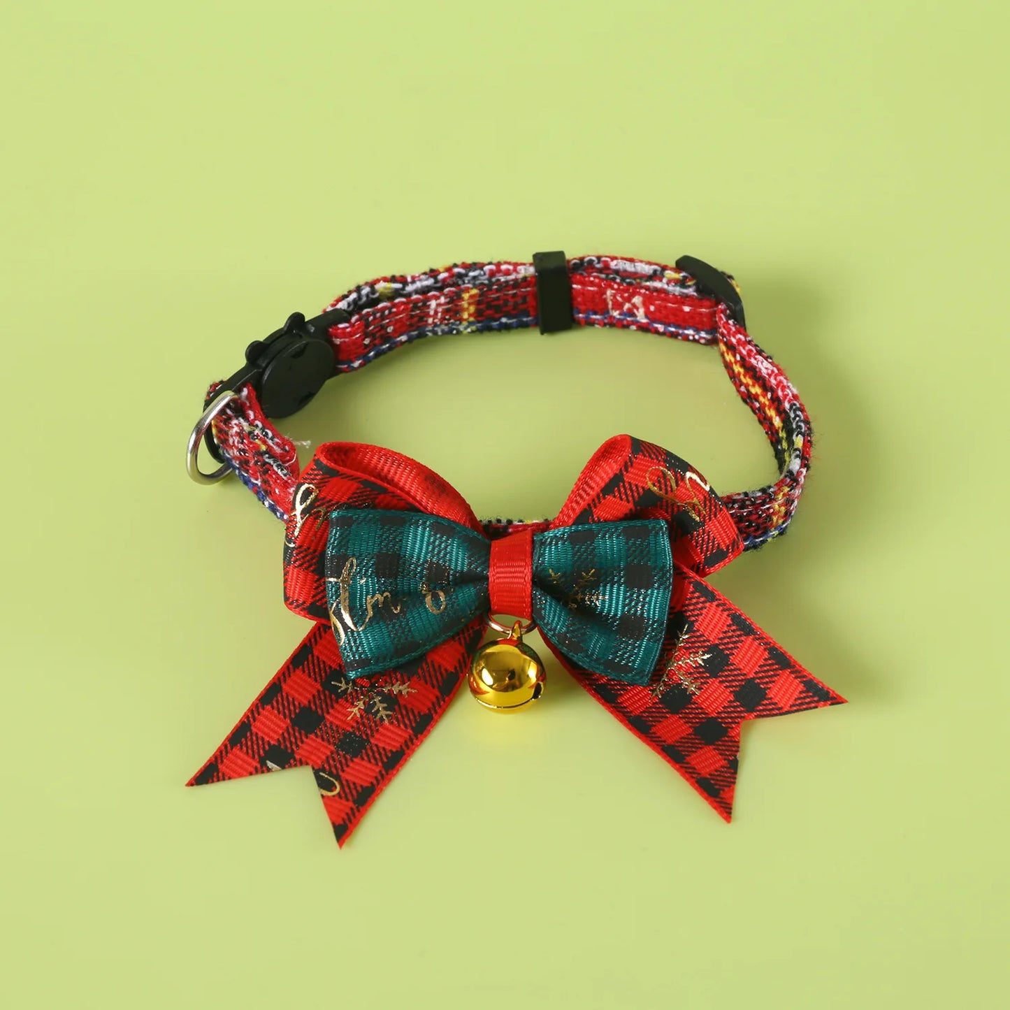 Jingle&Sparkle Merry Christmas Pet Bow Collar Anti-Choke Adjustable with Plaid Gold Foil Bows & Bells Festive Neckwear Cats Dogs