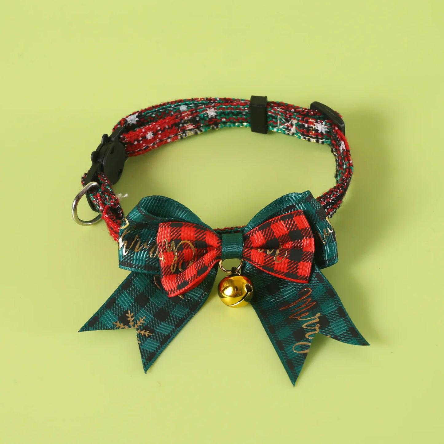 Jingle&Sparkle Merry Christmas Pet Bow Collar Anti-Choke Adjustable with Plaid Gold Foil Bows & Bells Festive Neckwear Cats Dogs